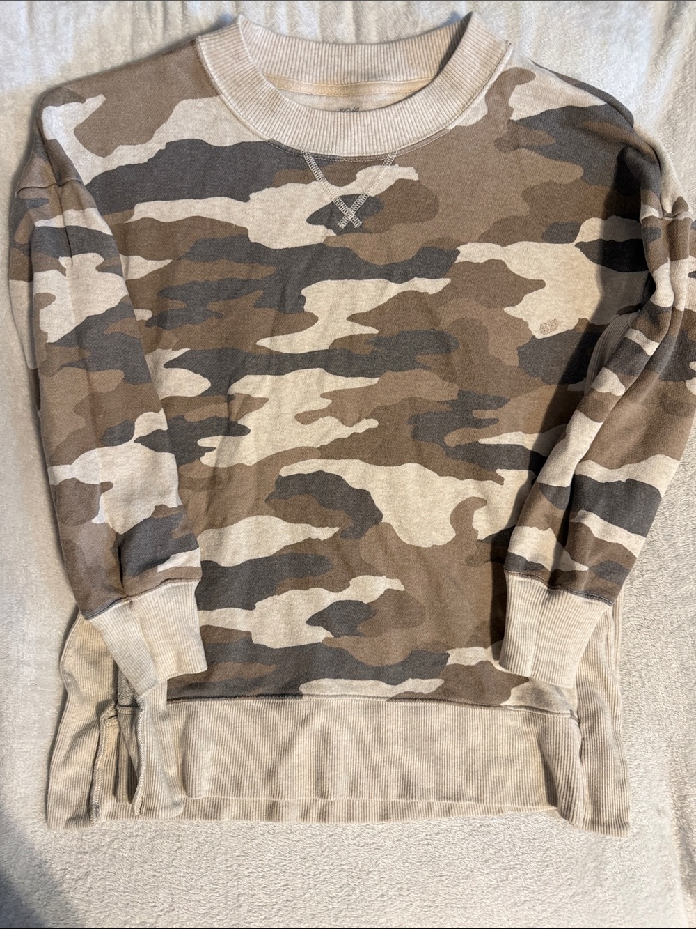 aerie Camo Crewneck Sweatshirt in Brown & Cream